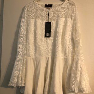 Hanna Nikole Elegant Lace Bell Sleeve White Top